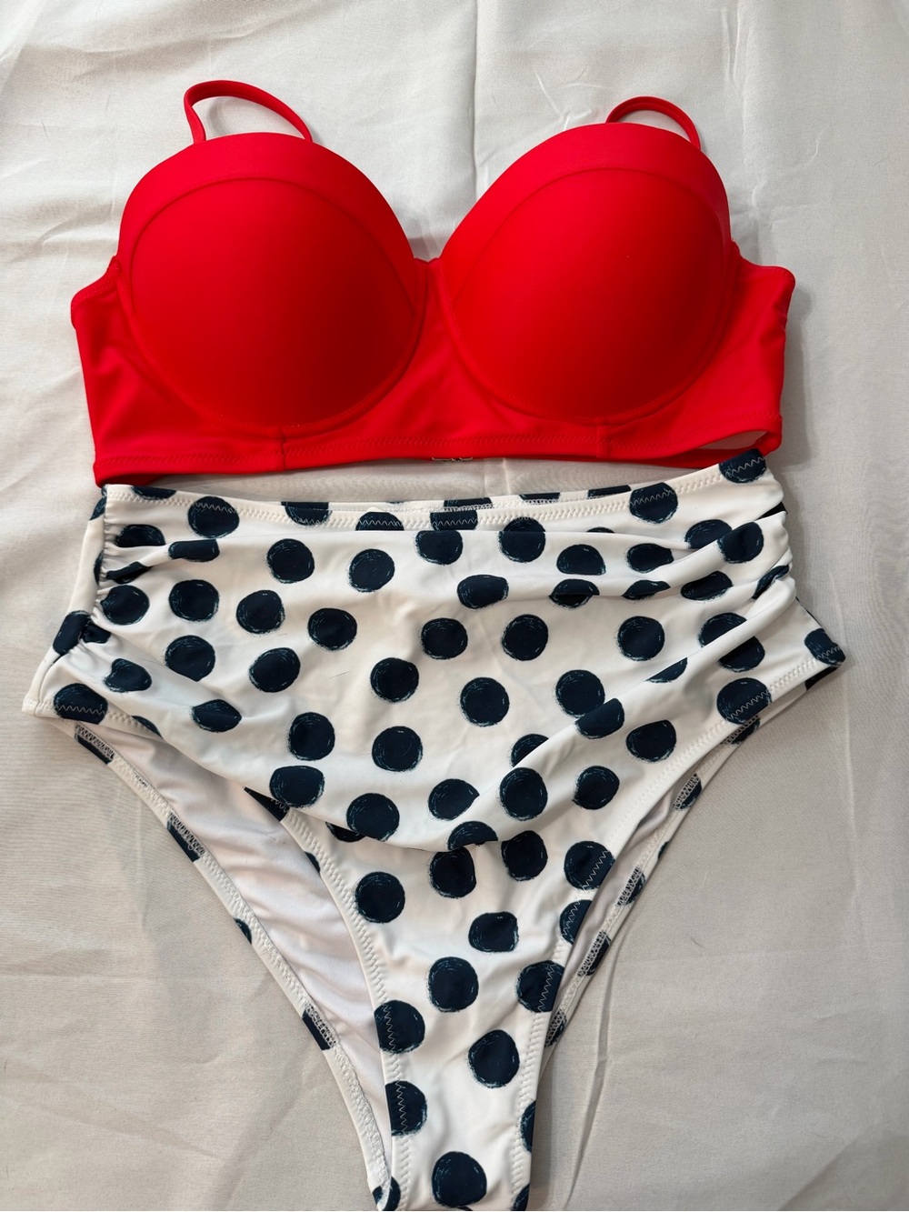 Cupshe Red Bustier Bikini Top with White & Black Polka Dot High-Waist Bottoms